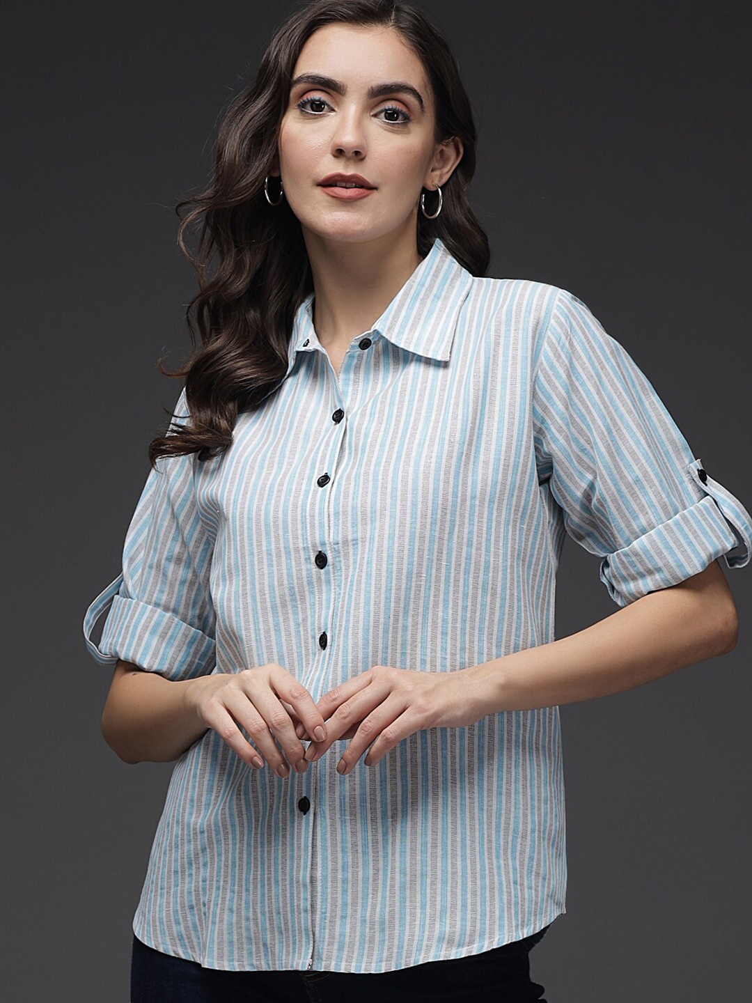

BAESD Comfort Vertical Striped Roll Up Sleeves Cotton Casual Shirt, Blue