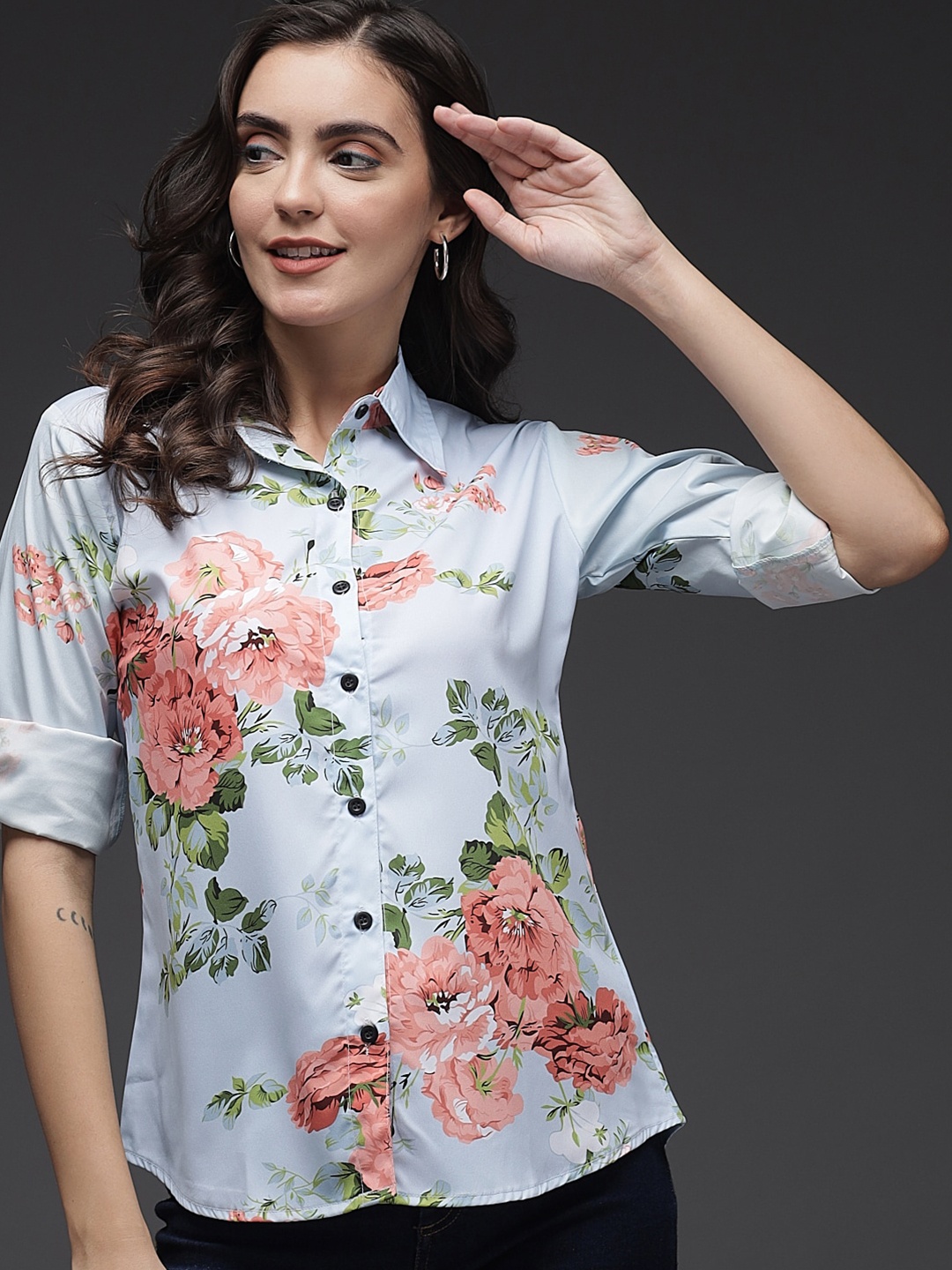 BAESD Comfort Floral Printed Roll Up Sleeves Casual Shirt, Blue