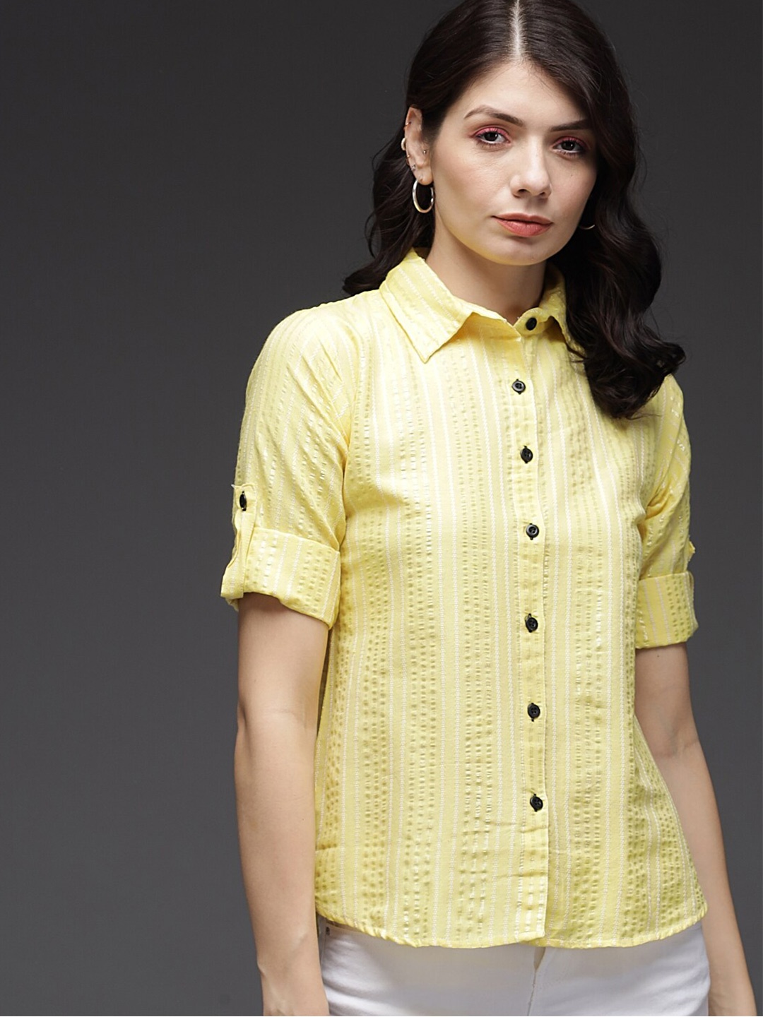 

BAESD Comfort Vertical Striped Roll Up Sleeves Cotton Casual Shirt, Yellow