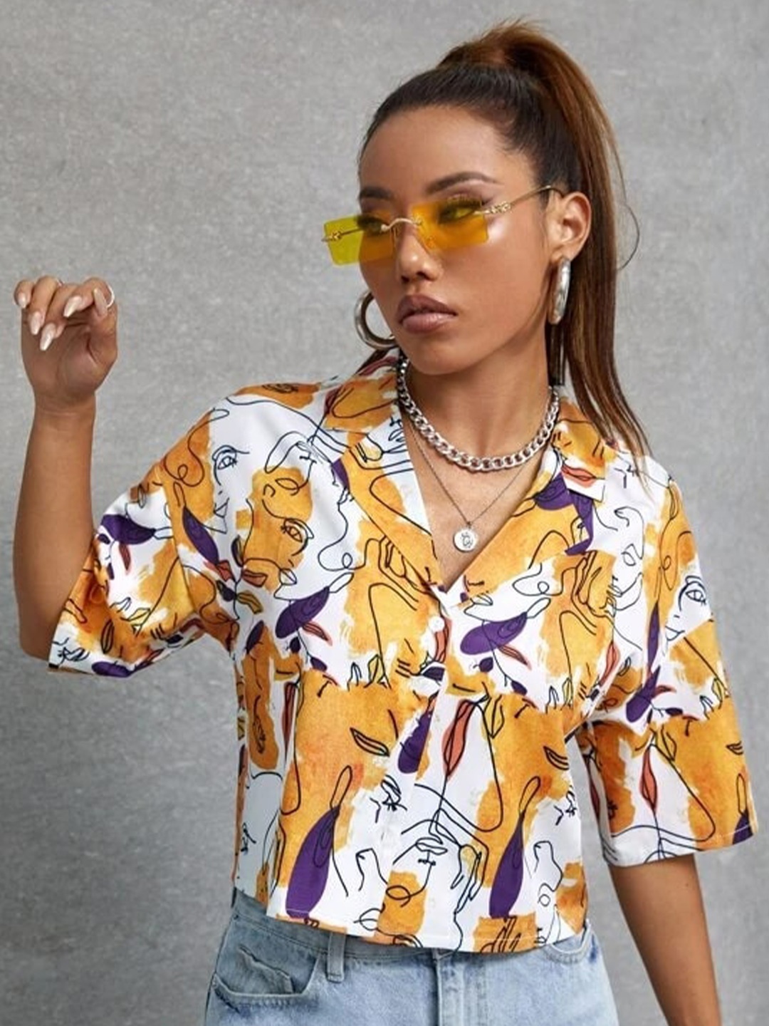 

BAESD Abstract Printed Cuban Collar Crop Casual Shirt, White