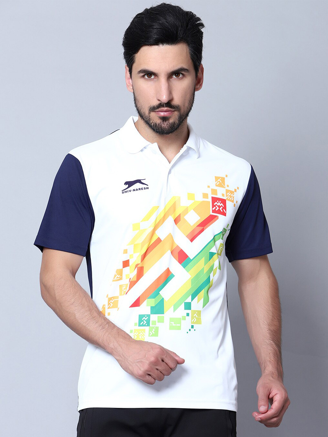 

Shiv Naresh Geometric Printed Polo Collar Sports T-shirt, White