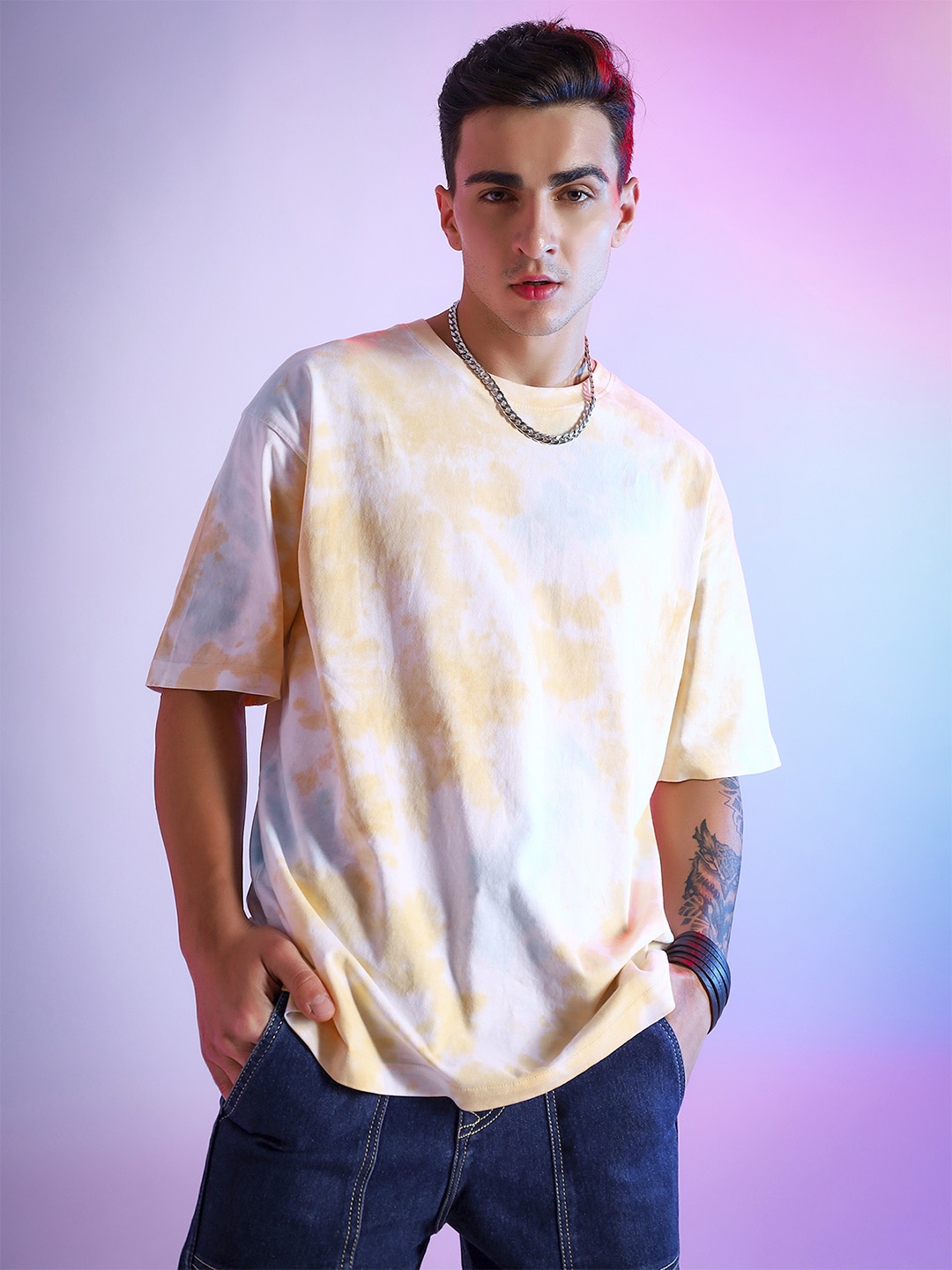 PEPLOS Tie & Dye Drop Shoulder Sleeves Pure Cotton Oversized T-shirt, Yellow
