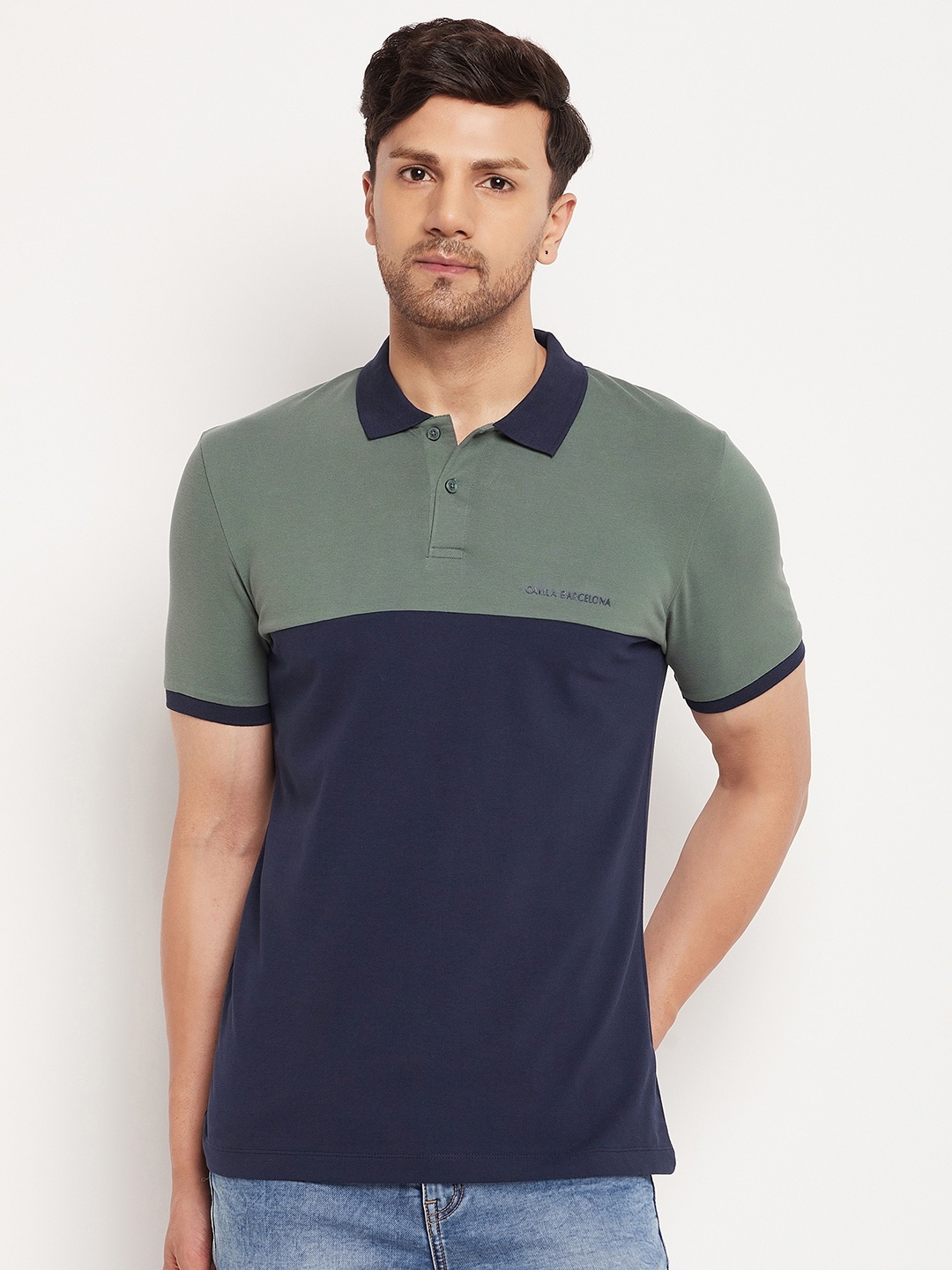 

CAMLA Colourblocked Polo Collar Cotton T-shirt, Green