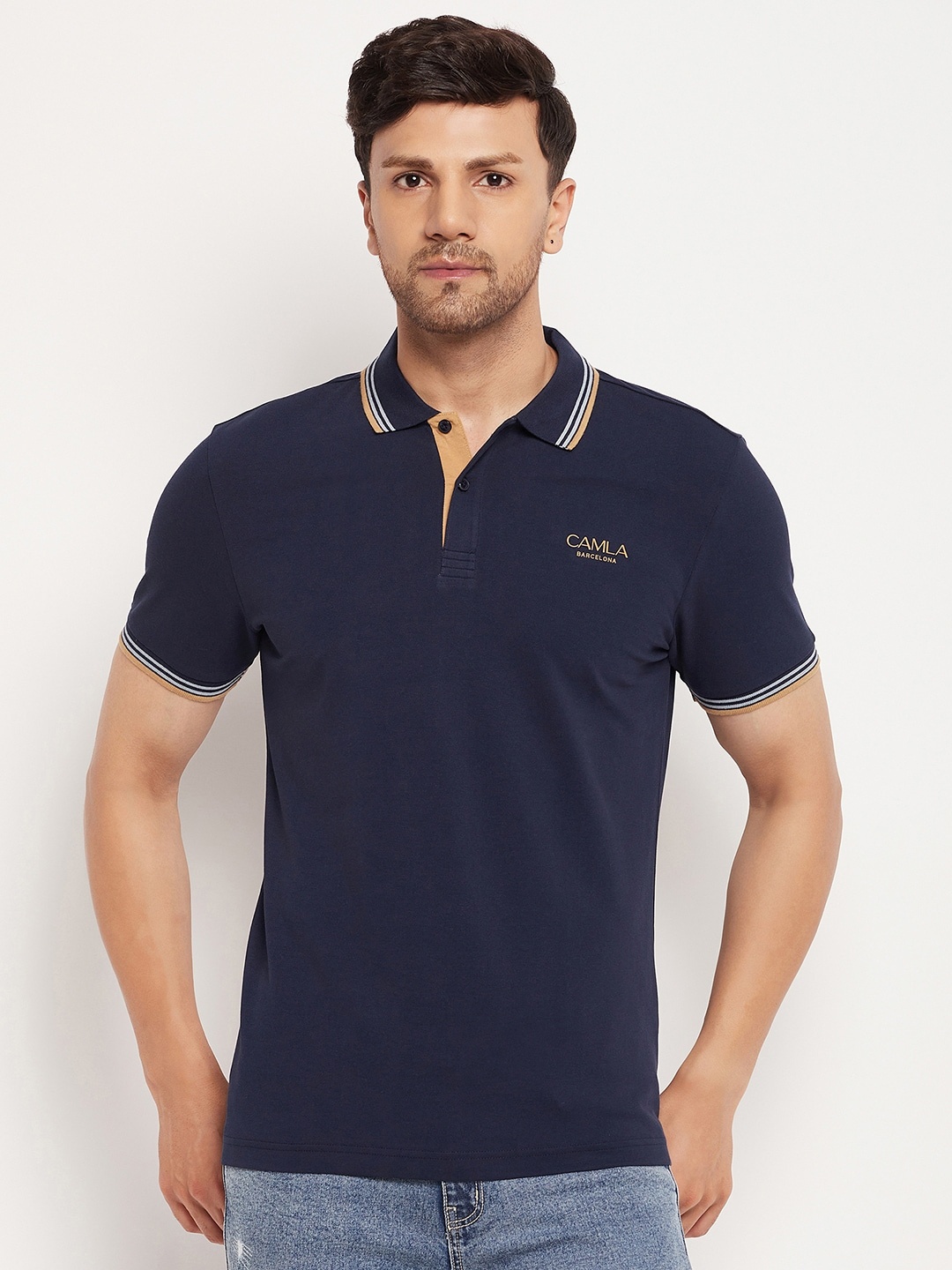 

CAMLA Contrast Trim Half Sleeve Polo Collar Cotton T-shirt, Navy blue
