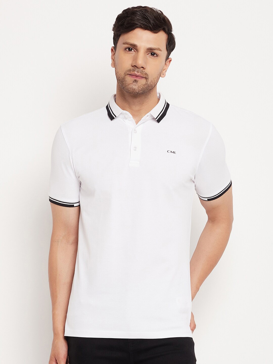 

CAMLA Contrast Trim Half Sleeve Polo Collar Cotton T-shirt, White