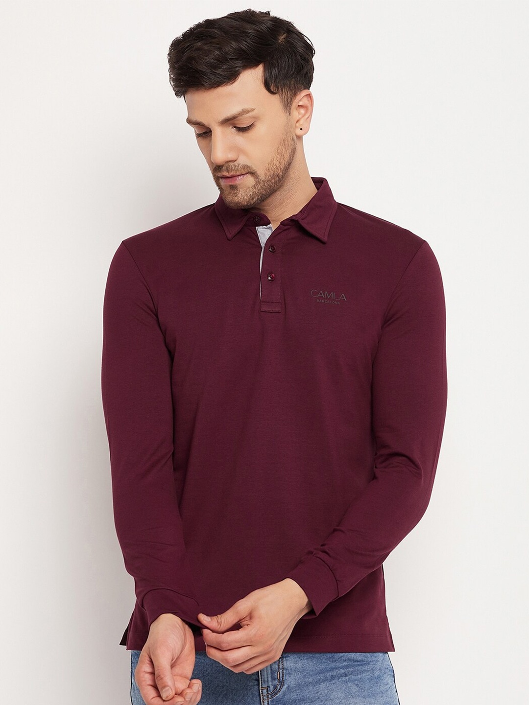 

CAMLA Full Sleeve Polo Collar Cotton T-shirt, Maroon
