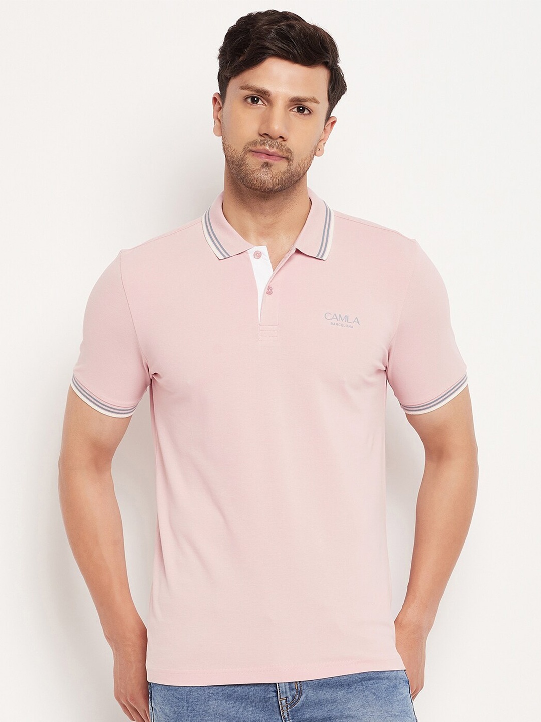 

CAMLA Half Sleeve Polo Collar Cotton T-shirt, Pink