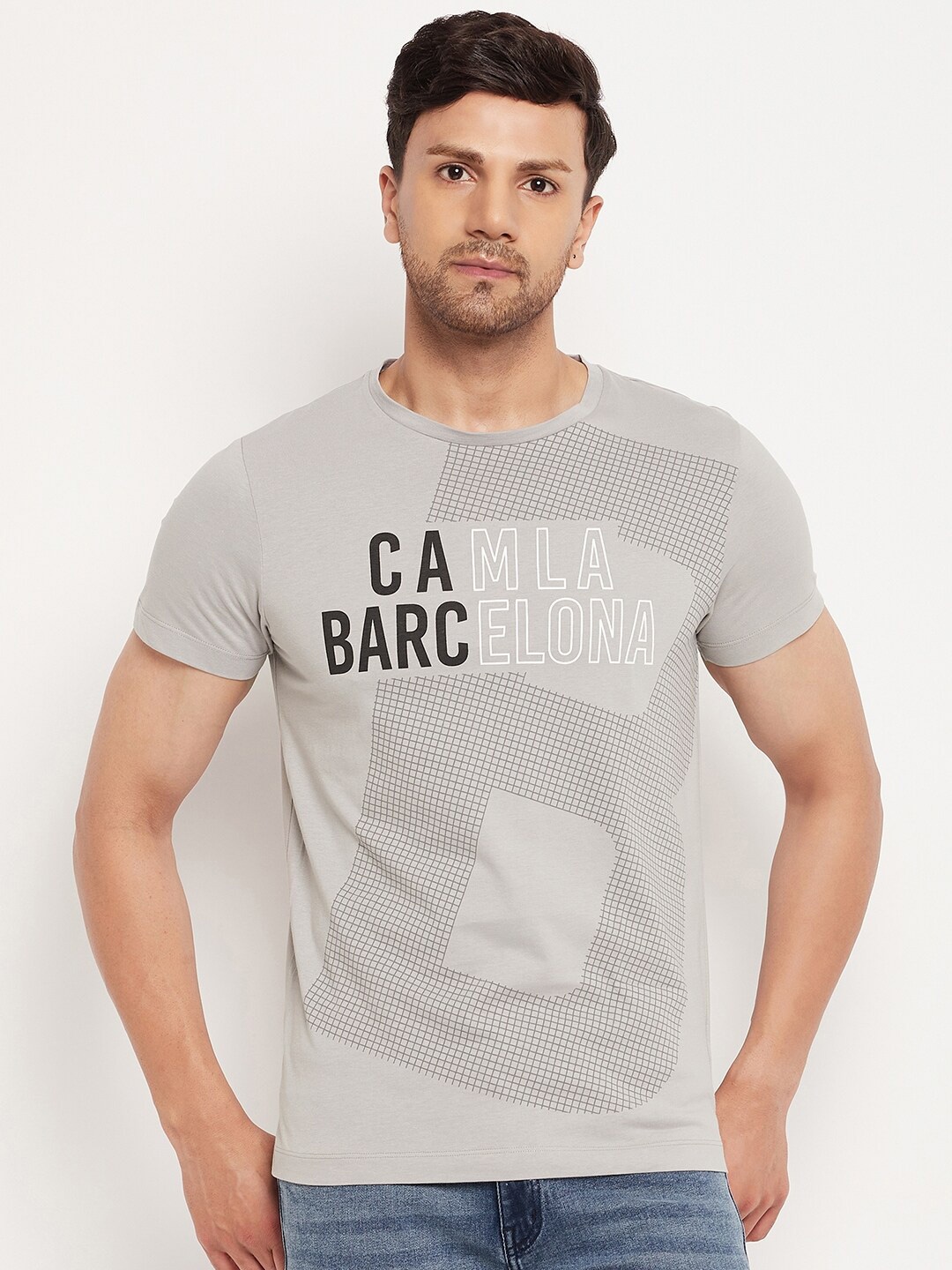 CAMLA Typography Round Neck Cotton T-shirt, Grey