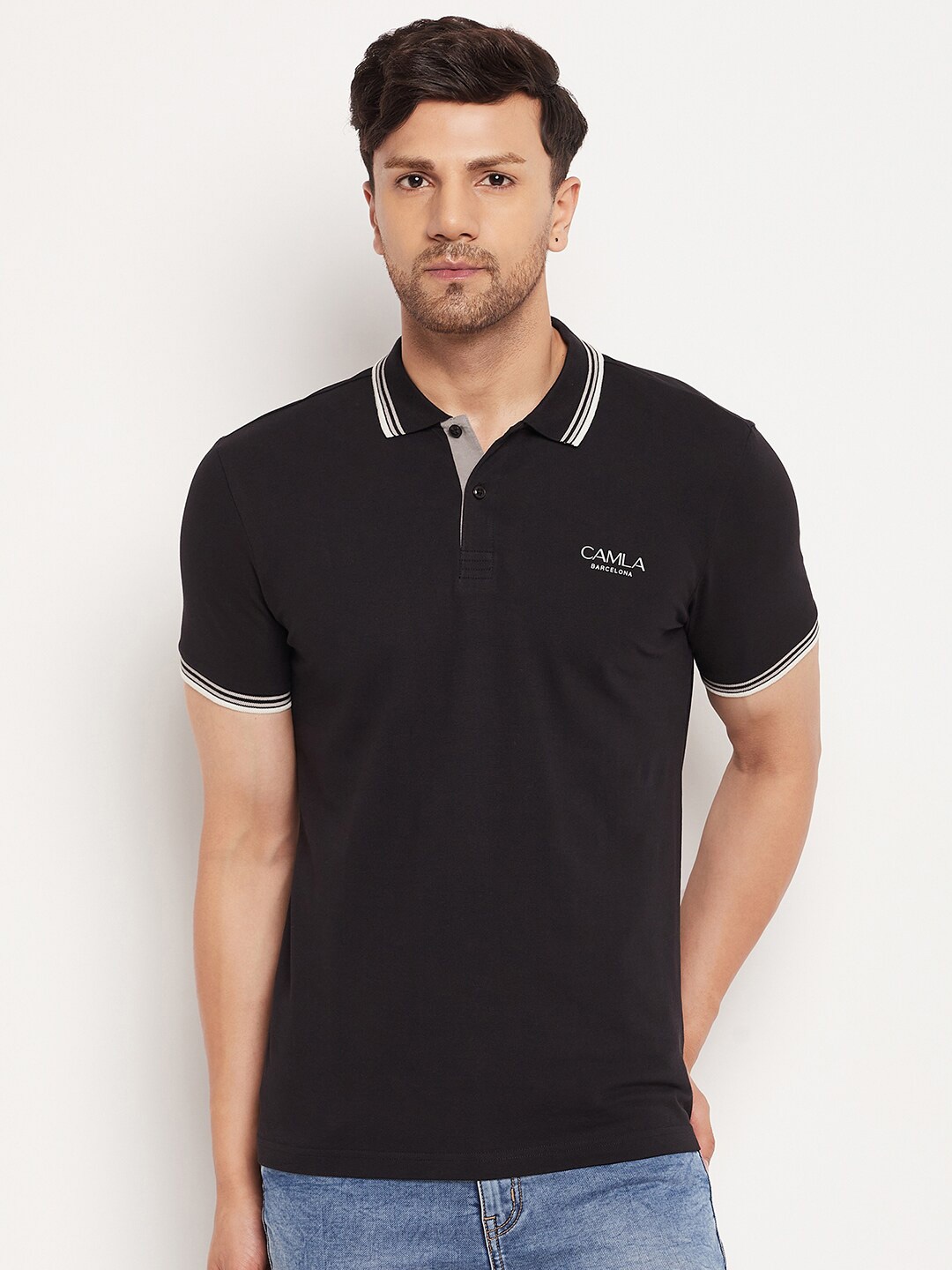 

CAMLA Polo Collar Short Sleeves Cotton T-shirt, Black