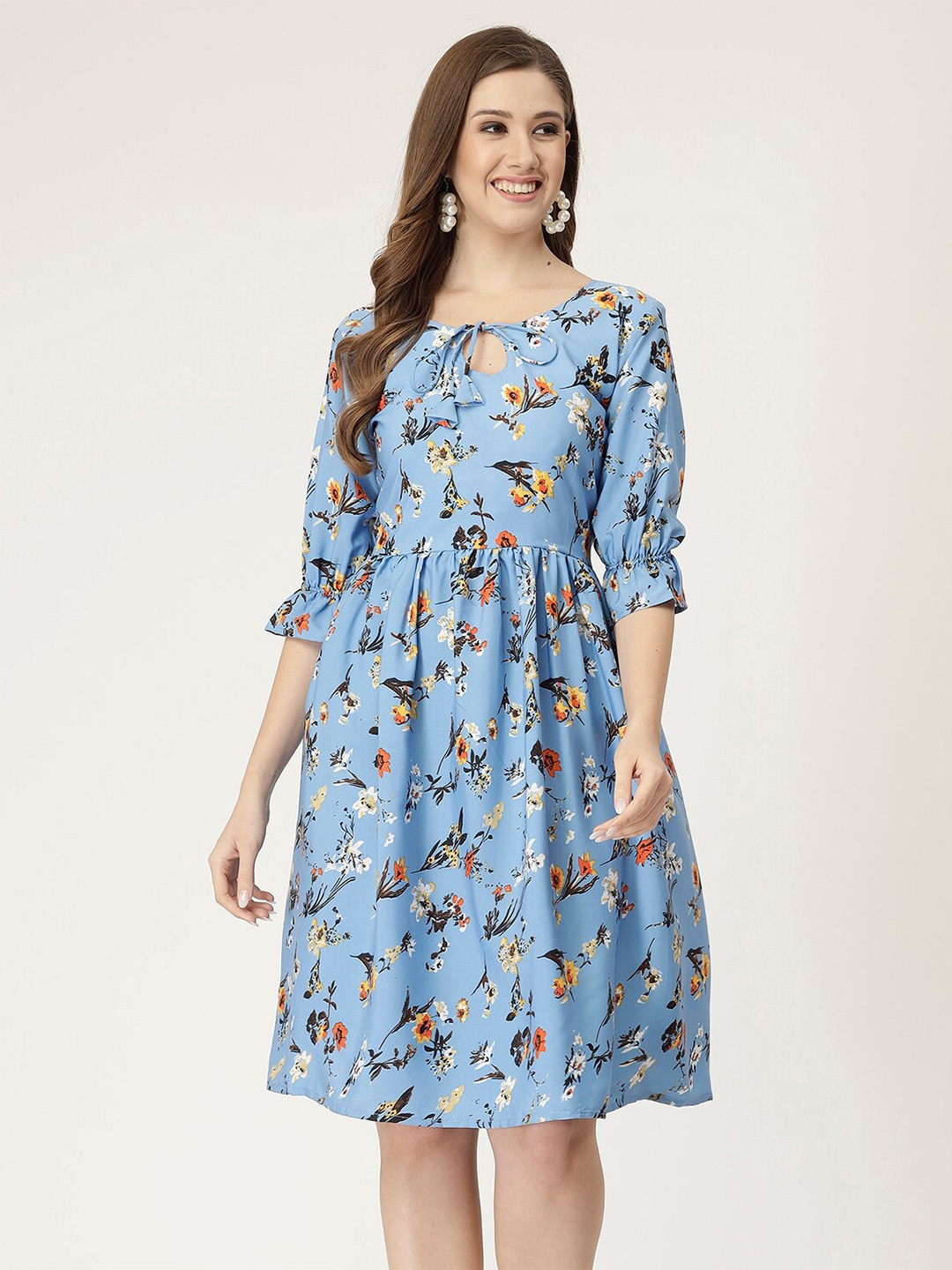

MISS AYSE Floral Printed Tie-Up Neck Crepe Fit & Flare Dress, Blue