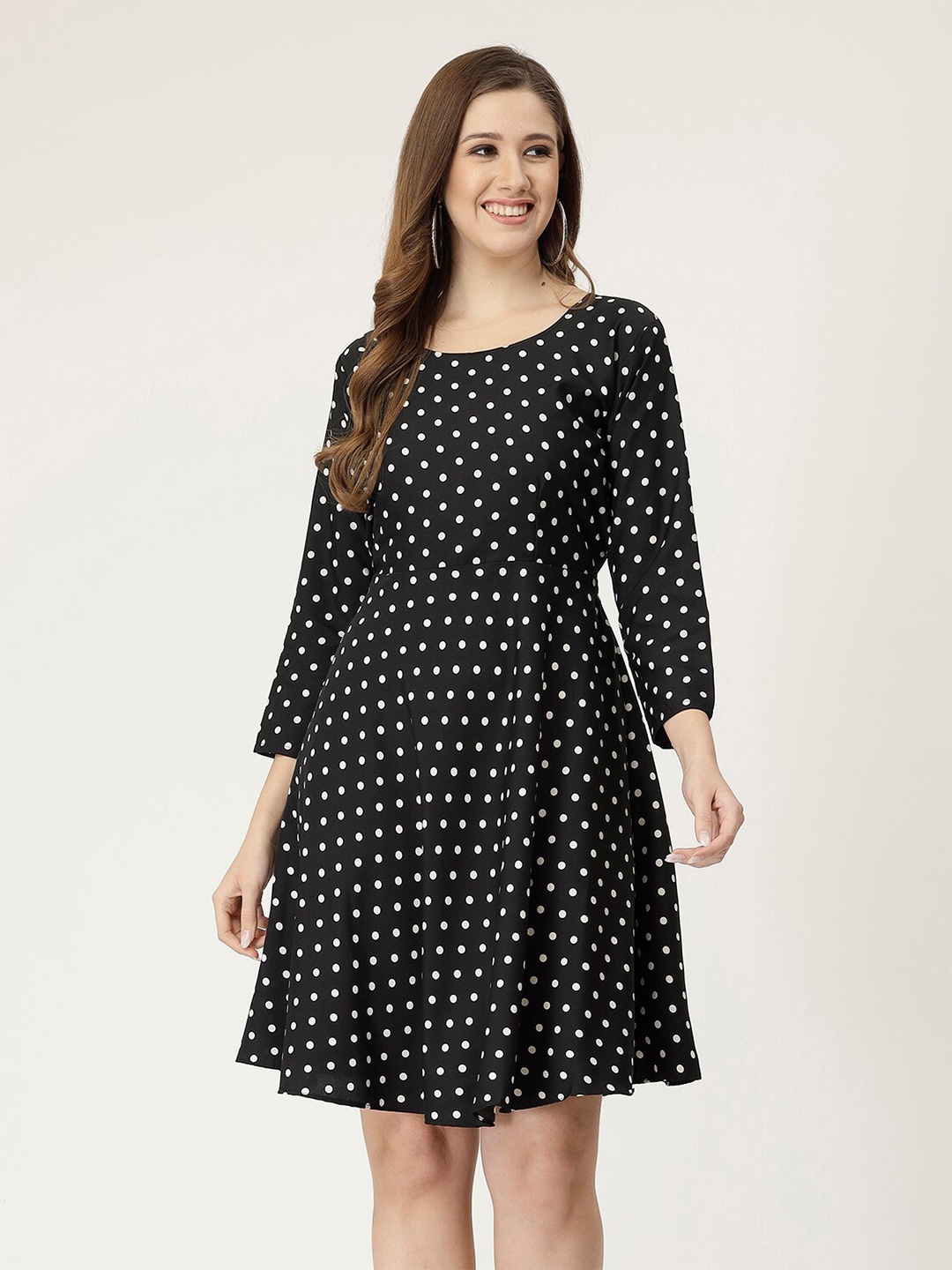 

MISS AYSE Polka Dots Printed Fit & Flare Dress, Black