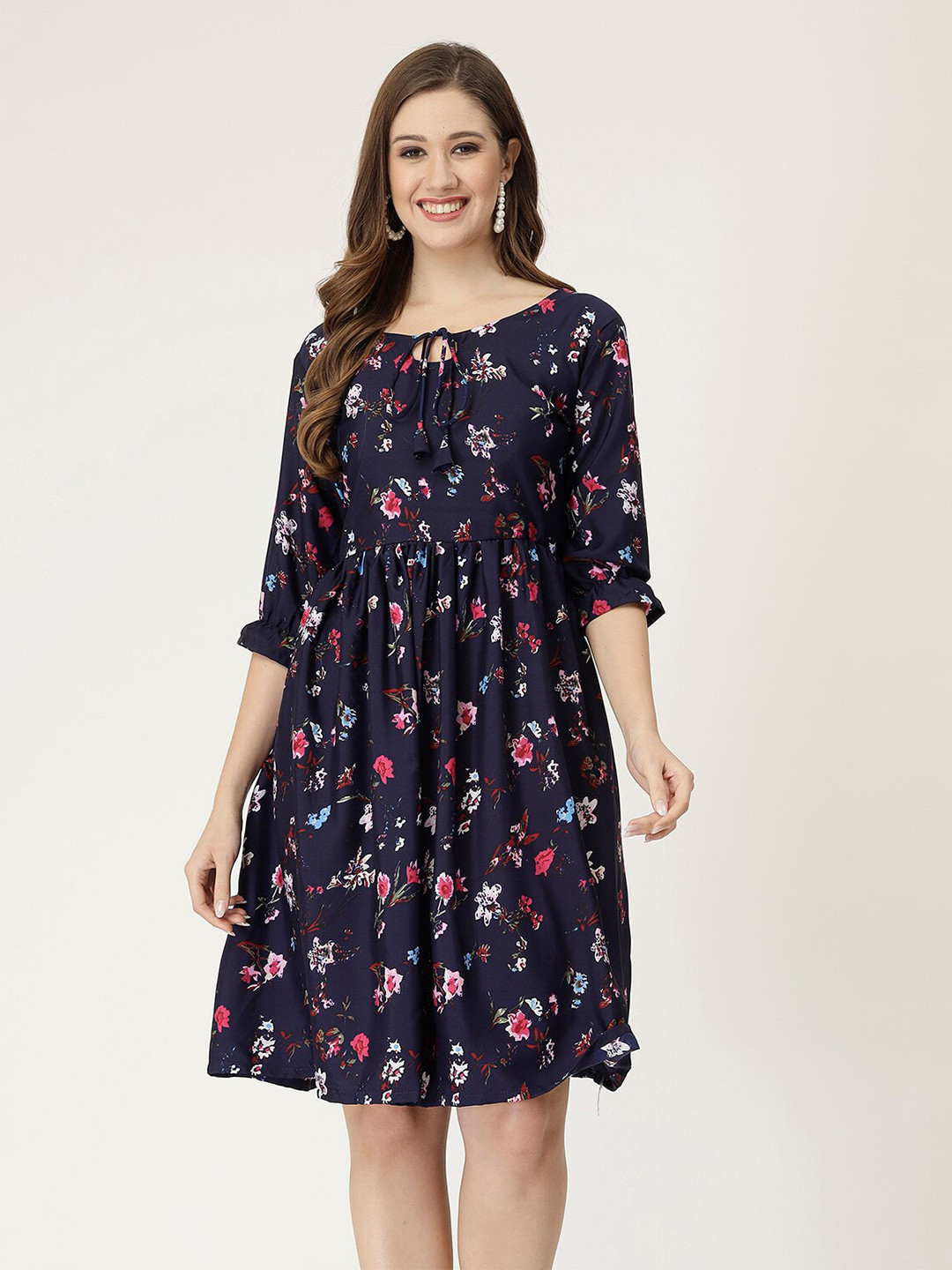 

MISS AYSE Floral Printed Tie-Up Neck Crepe Fit & Flare Dress, Navy blue
