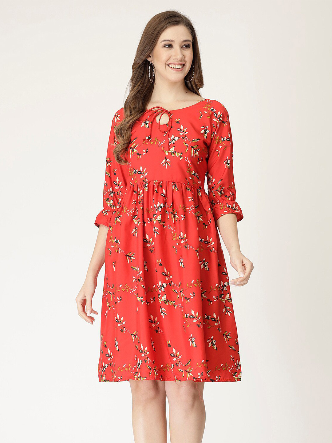 

MISS AYSE Floral Printed Bell Sleeves Crepe Fit & Flare Dress, Red
