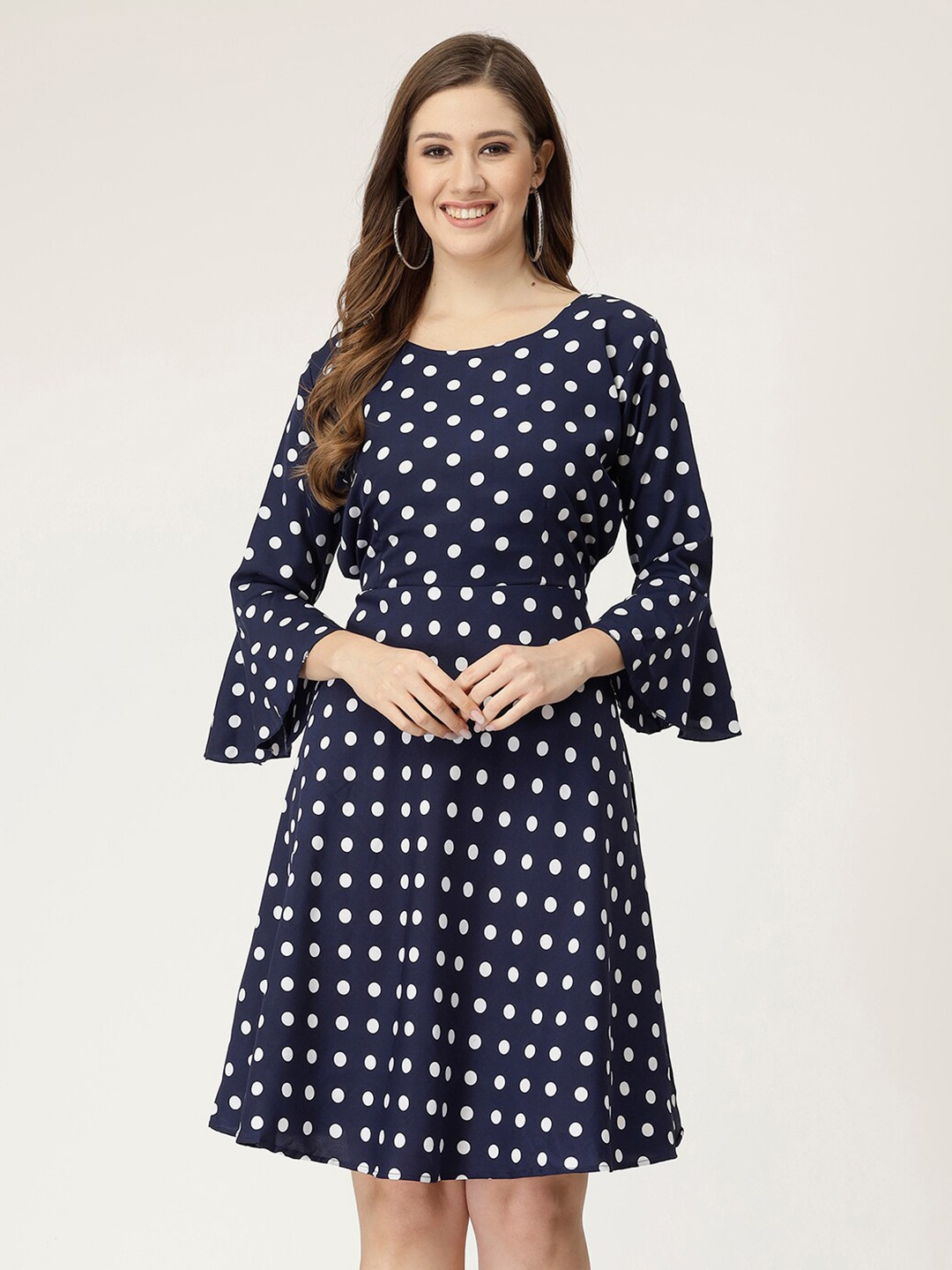 

MISS AYSE Polka Dot Printed Bell Sleeves Crepe Fit & Flare Dress, Navy blue