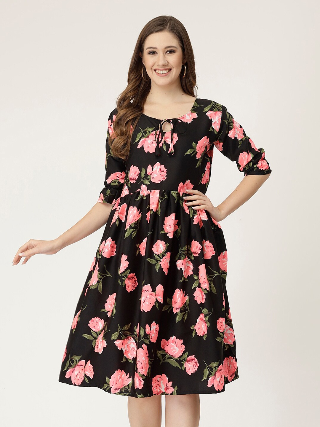 

MISS AYSE Floral Printed Tie-Up Neck Crepe Fit & Flare Dress, Black