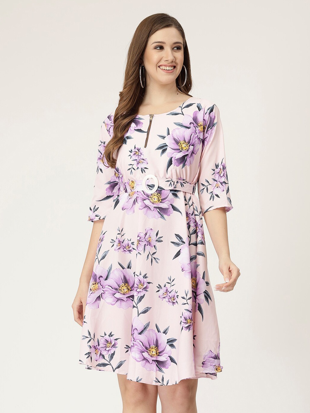 

MISS AYSE Floral Printed Belted Fit & Flare Dress, Peach