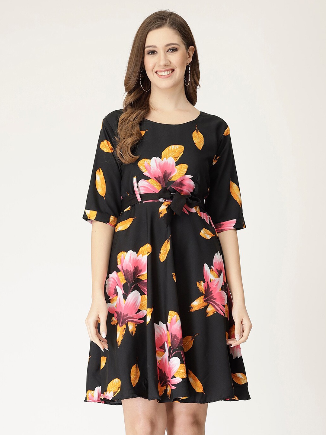 

MISS AYSE Floral Printed Tie-Ups Fit & Flare Dress, Black