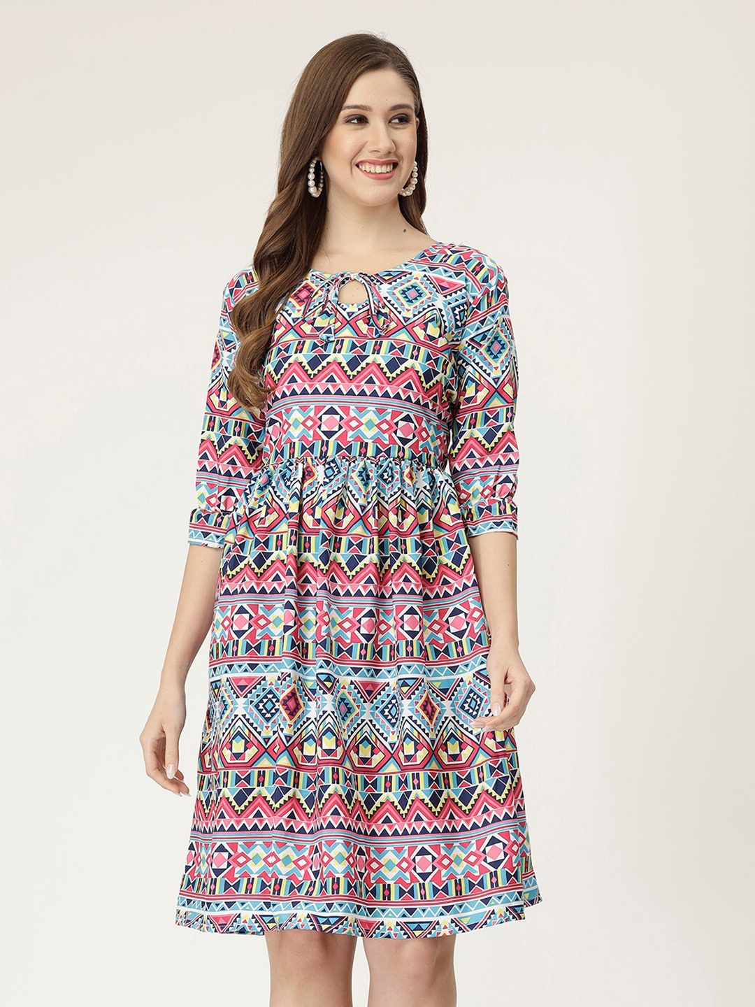 

MISS AYSE Geometric Printed Tie-Up Neck Fit & Flare Dress, Turquoise blue