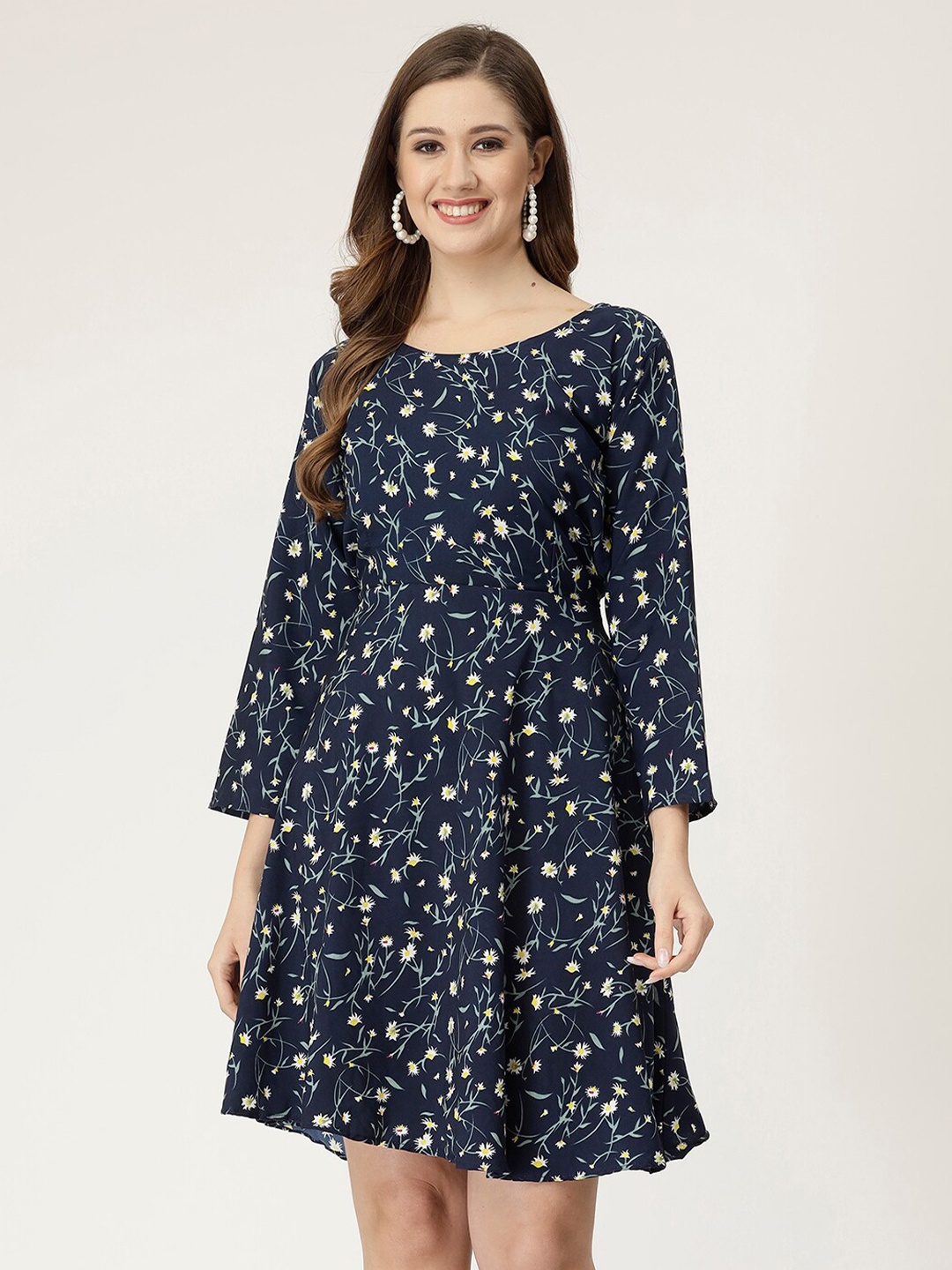 

MISS AYSE Floral Printed Crepe Fit & Flare Dress, Navy blue