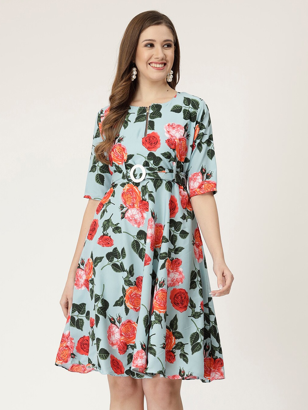 

MISS AYSE Floral Printed Belted Fit & Flare Dress, Sea green