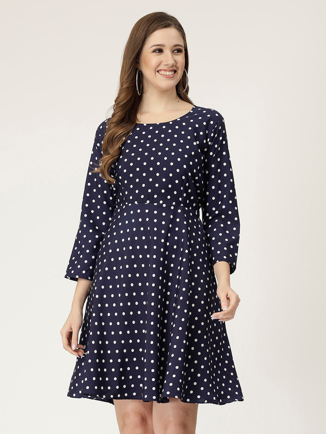 

MISS AYSE Polka Dot Printed Fit & Flare Dress, Navy blue