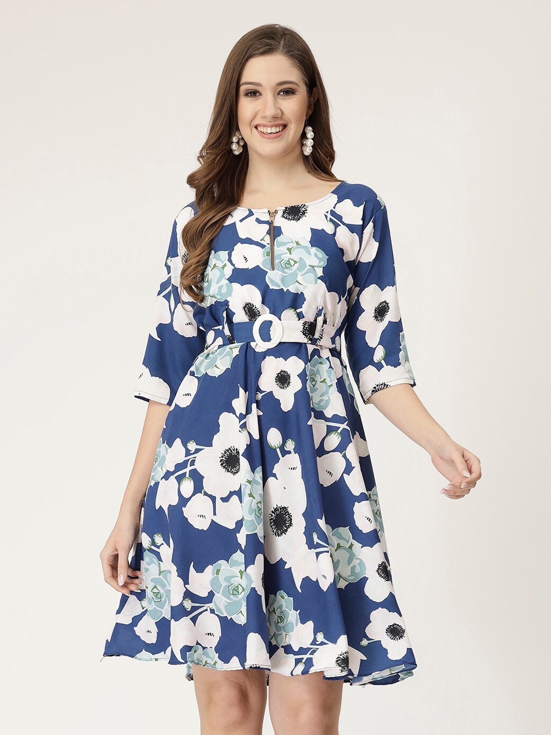 

MISS AYSE Floral Printed Belted Fit & Flare Dress, Blue