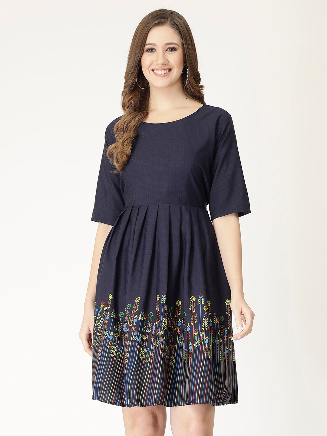 

MISS AYSE Ethnic Motifs Printed Gathered Or Pleated Fit & Flare Dress, Navy blue