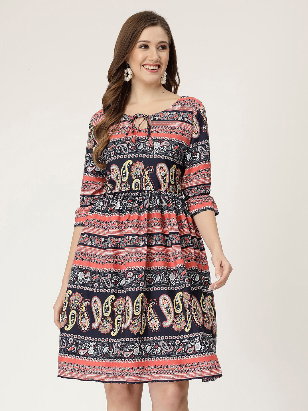 

MISS AYSE Ethnic Motifs Printed Tie-Up Neck Crepe Fit & Flare Dress, Pink