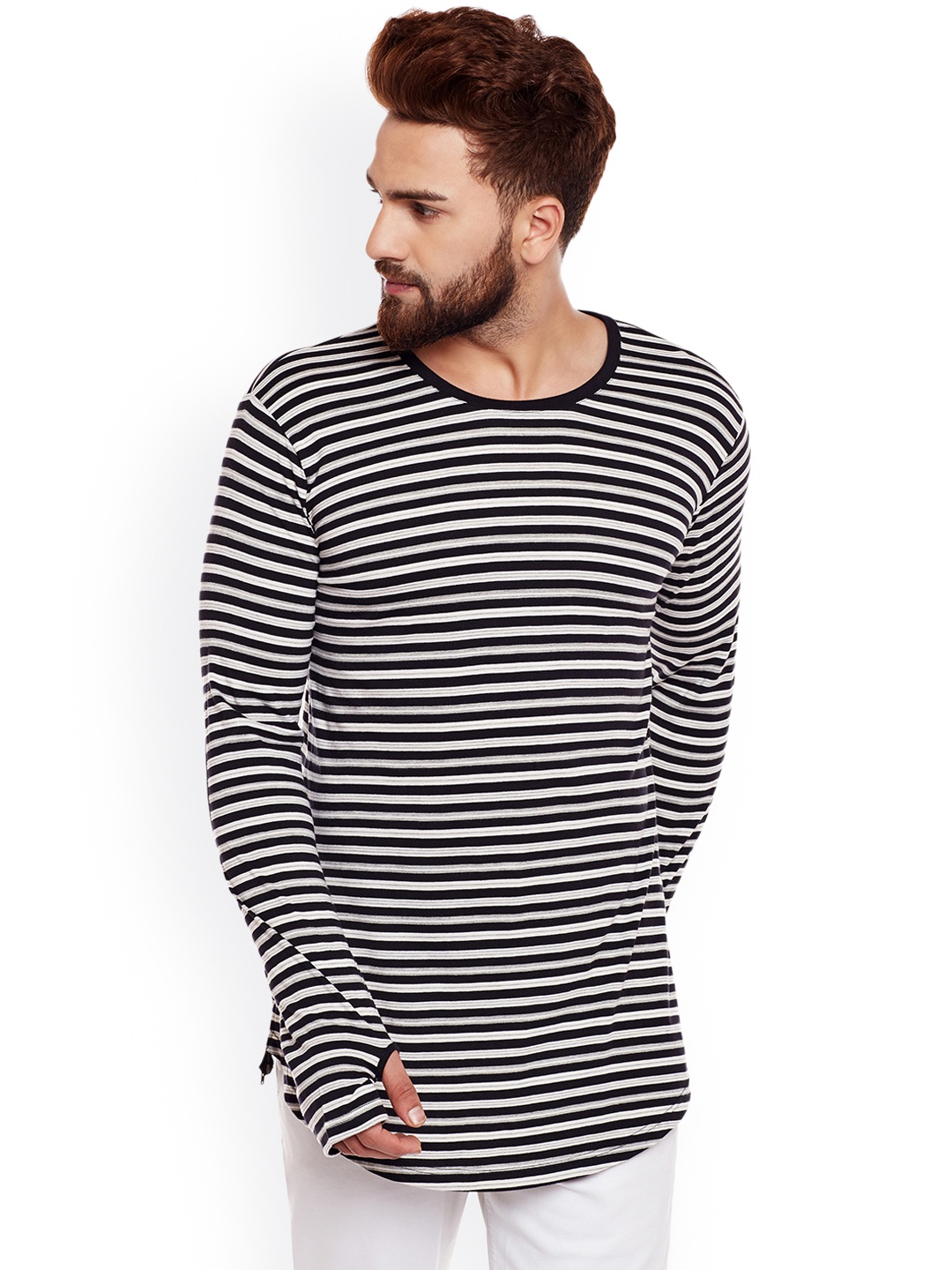

Hypernation Men Grey & Black Striped Round Neck T-shirt