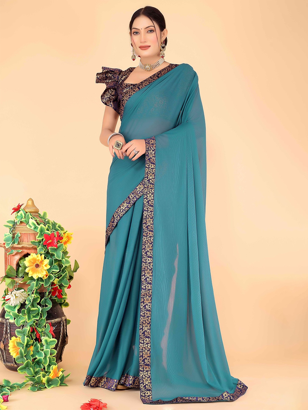 

SAADHVI Woven Design Zari Saree, Teal