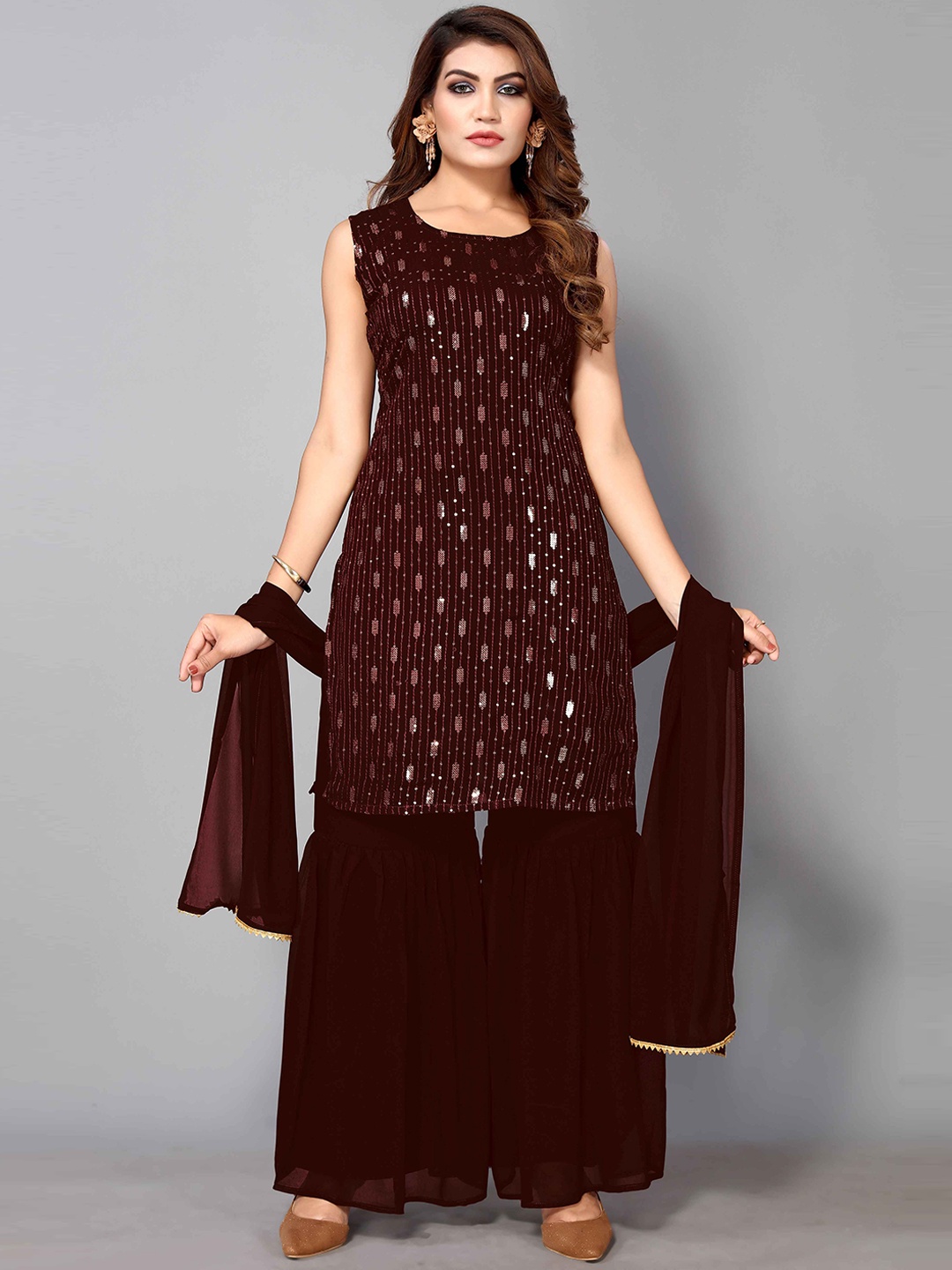 

Happy Design Embellished Georgette Kurta with Sharara & Dupatta, Maroon