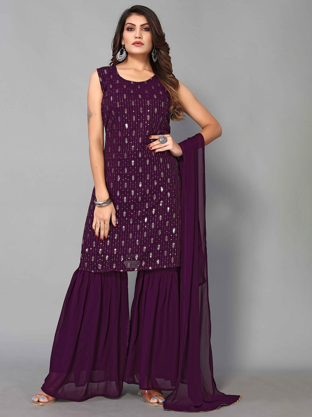 

Happy Design Embellished Georgette Kurta with Sharara & Dupatta, Purple