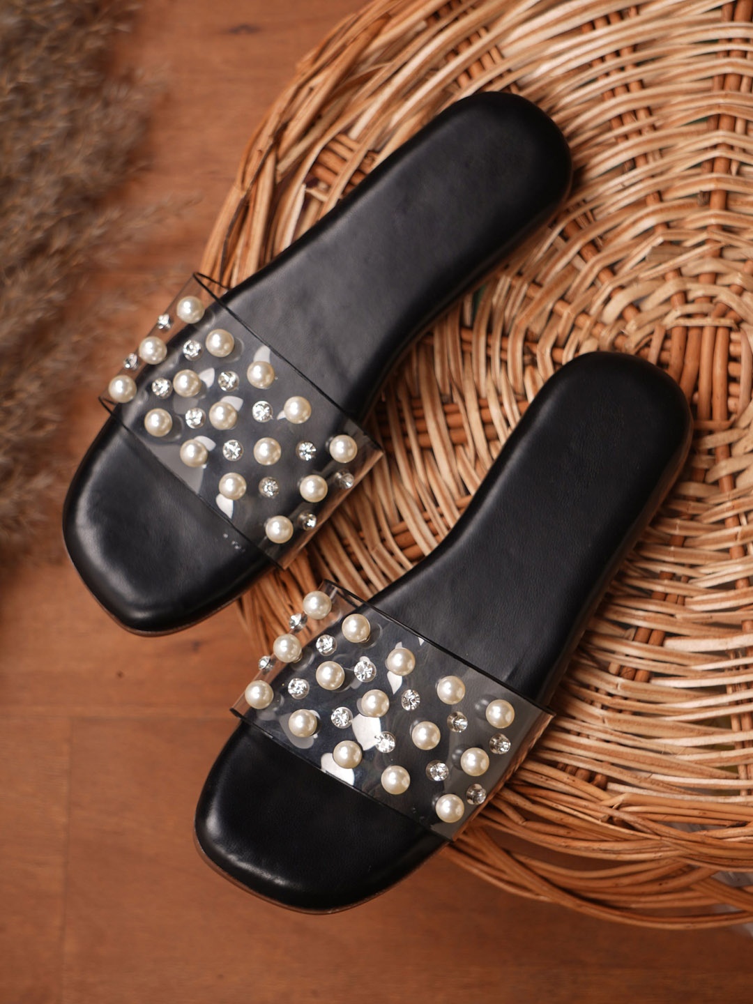 

Try Me Embellished Open Toe Flats, Black