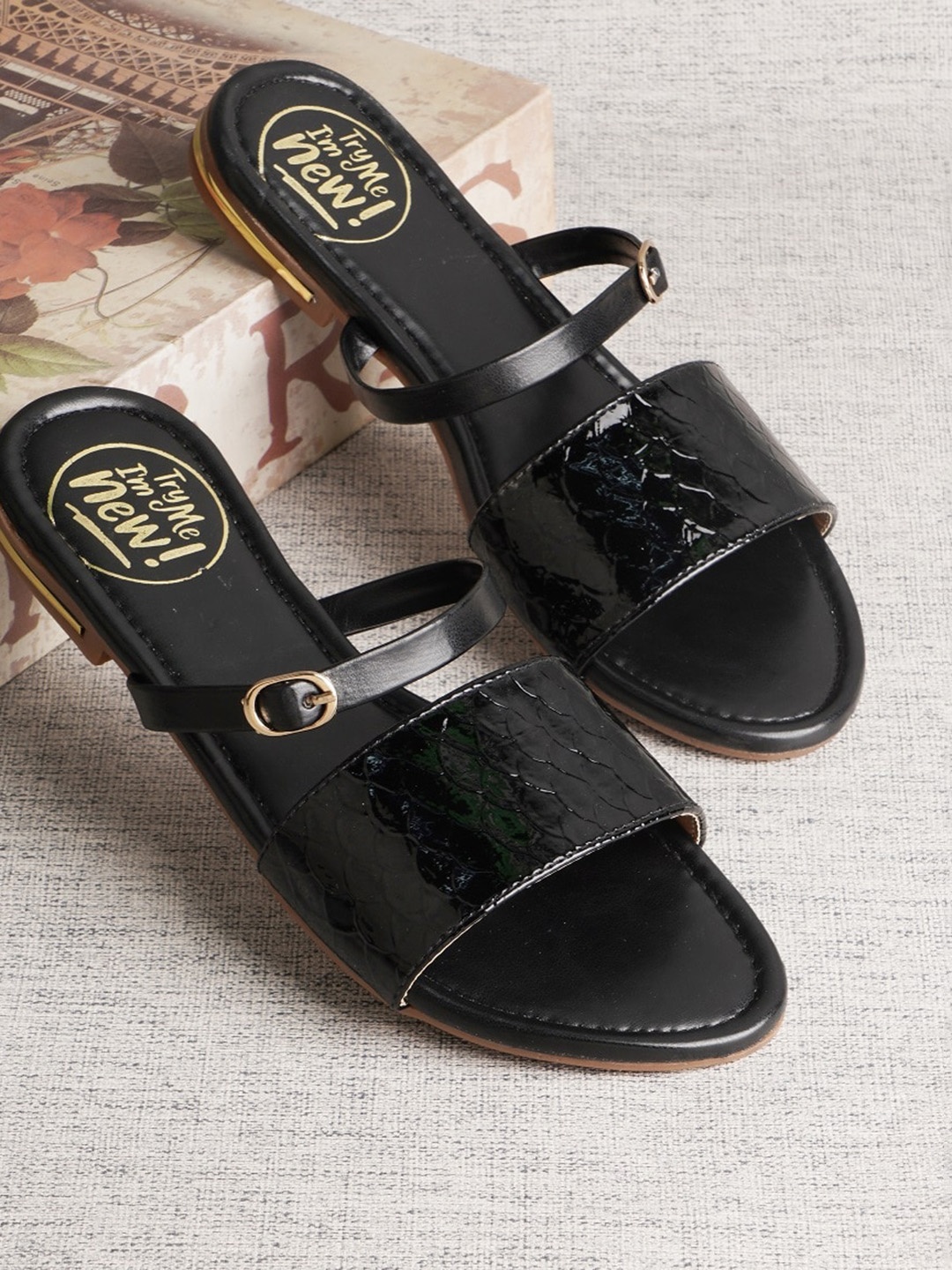 

Try Me Textured Strappy Open Toe Flats, Black