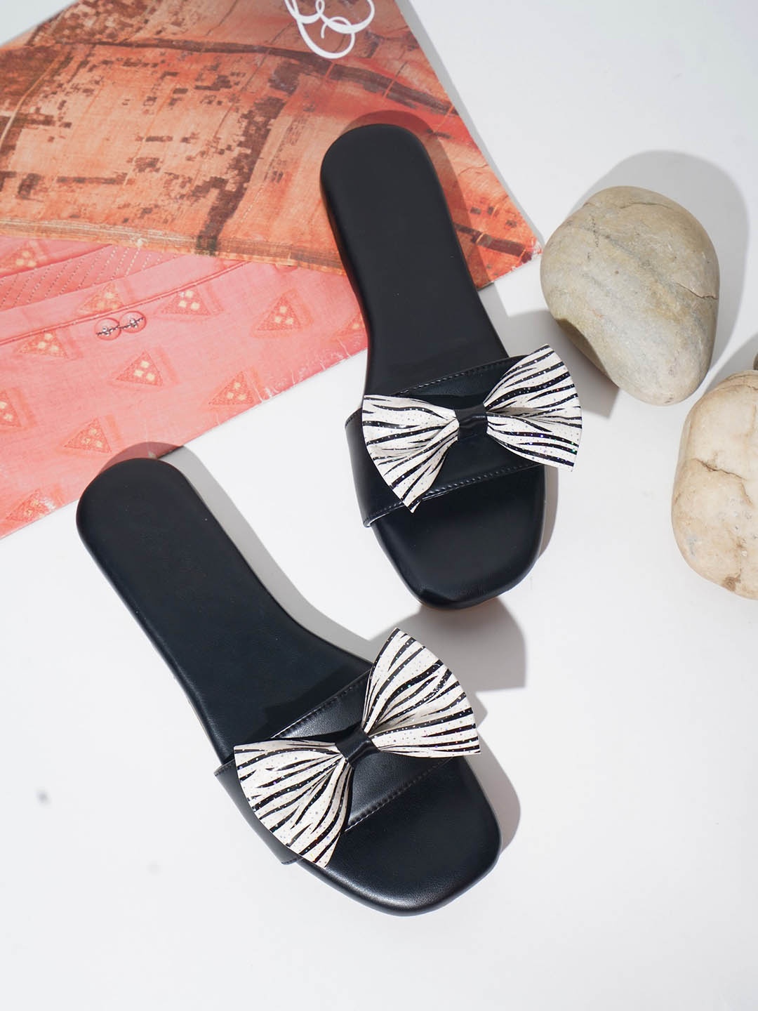 

Try Me Bow Embellished Open Toe Flats, Black