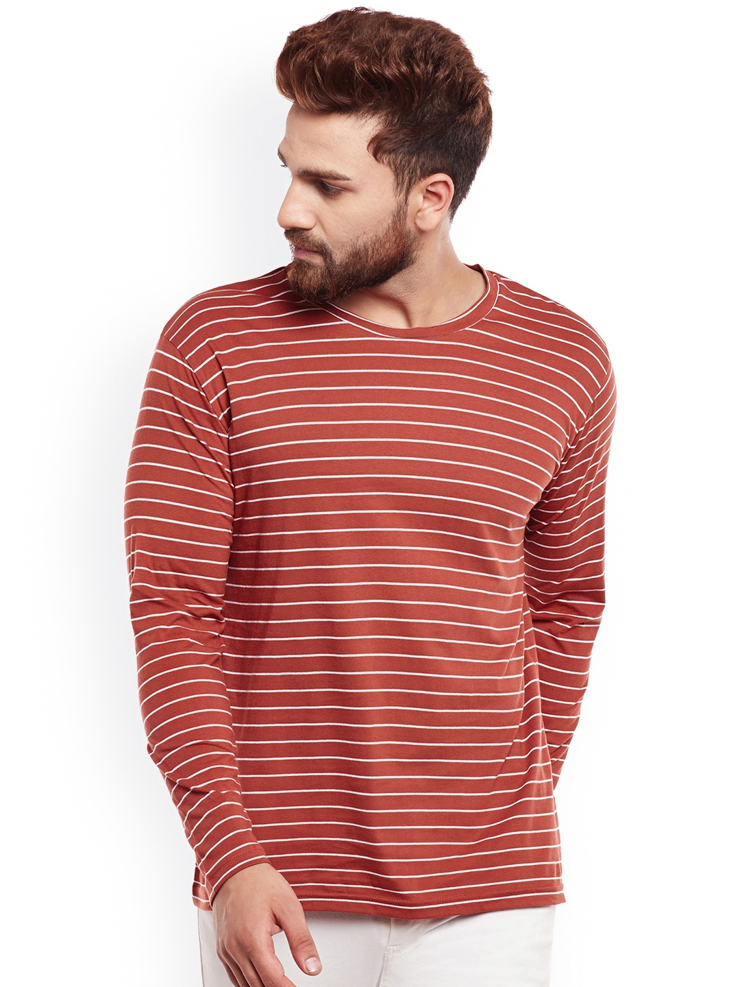 

Hypernation Men Orange & White Striped Round Neck T-shirt