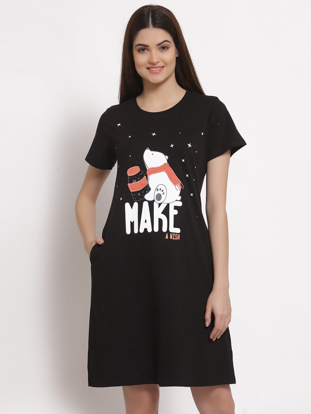 

Sweet Dreams Black & White Typography Printed Pure Cotton T-shirt Nightdress