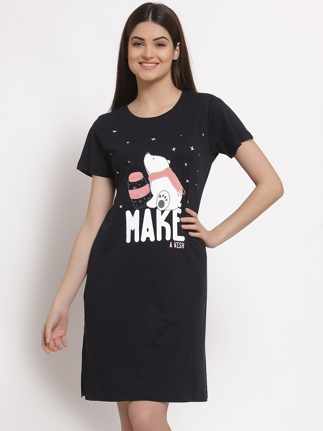 

Sweet Dreams Graphic Printed Pure Cotton T-Shirt Nightdress, Navy blue