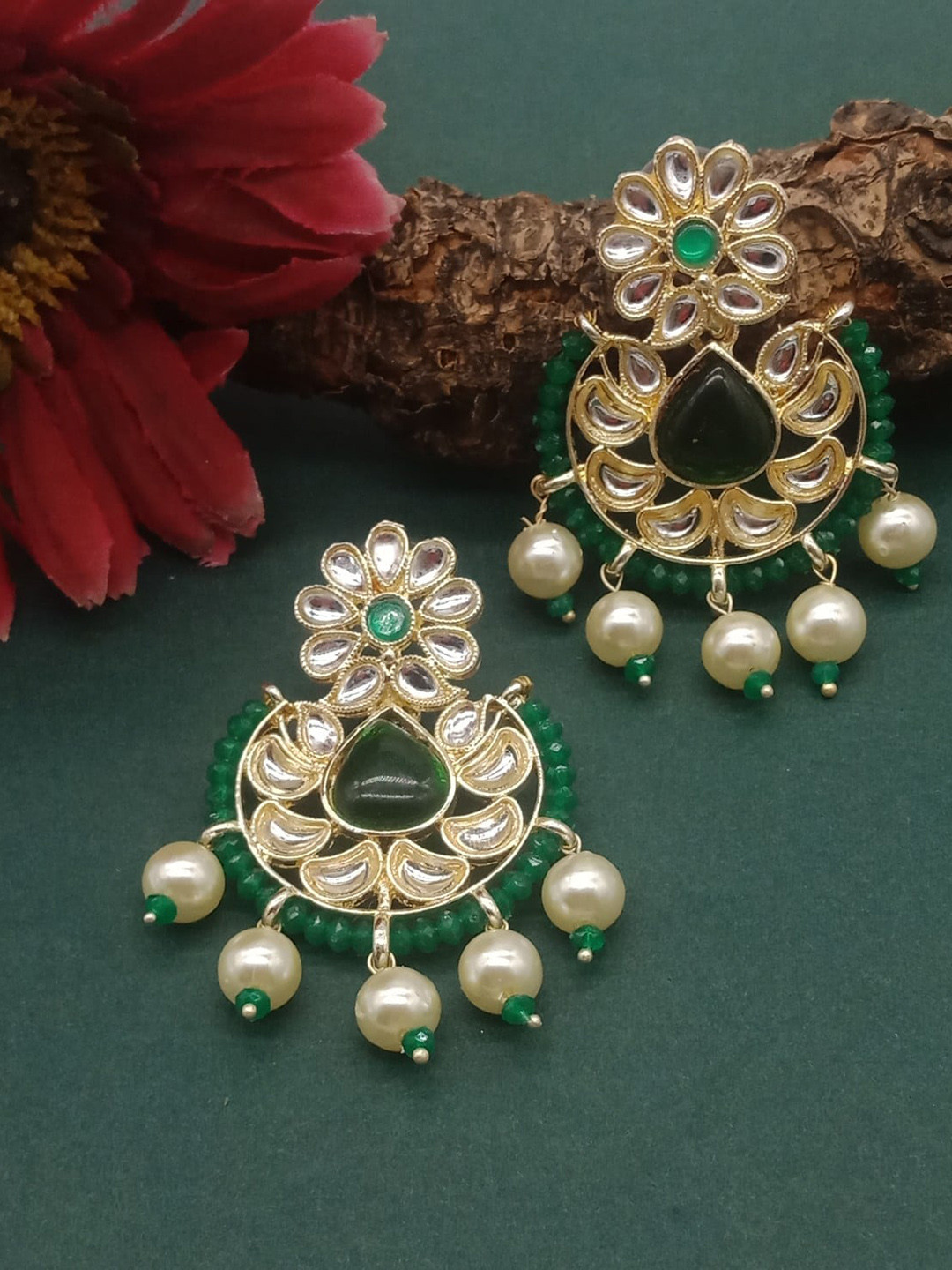 

AASHISH IMITATION Green Contemporary Drop Earrings, Gold