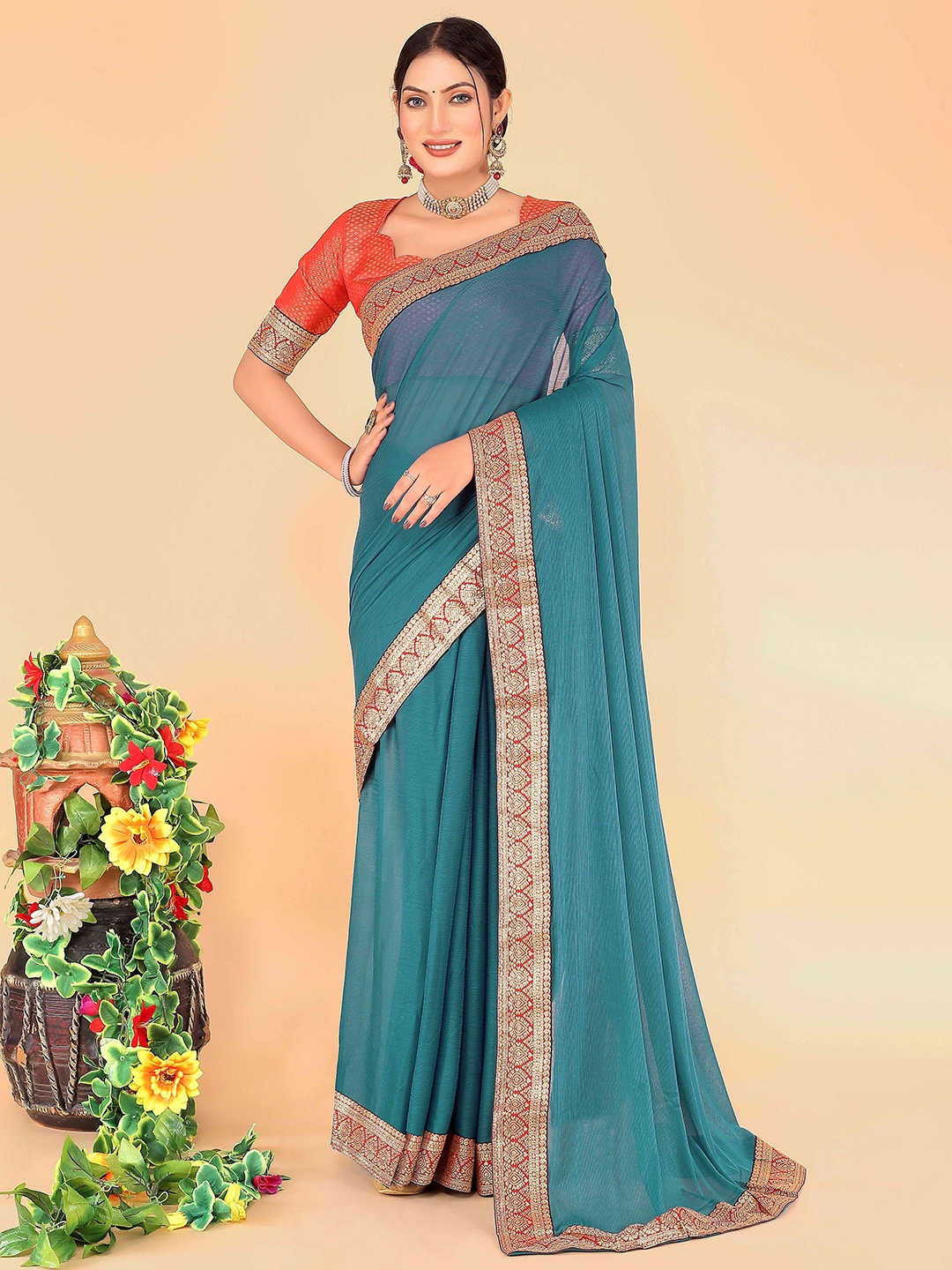 

SAADHVI Zari Art Silk Saree, Teal