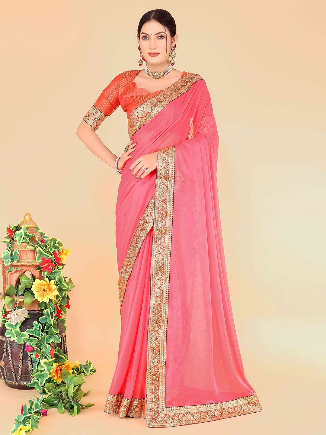 

SAADHVI Zari Art Silk Saree, Pink