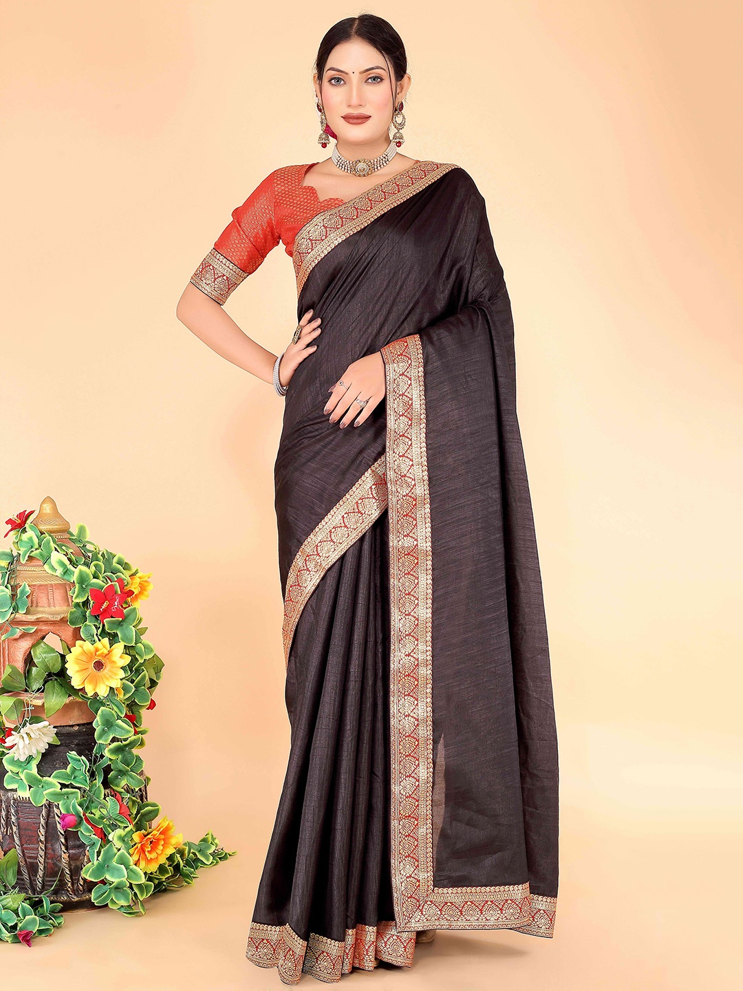 

SAADHVI Black & Red Zari Art Silk Saree