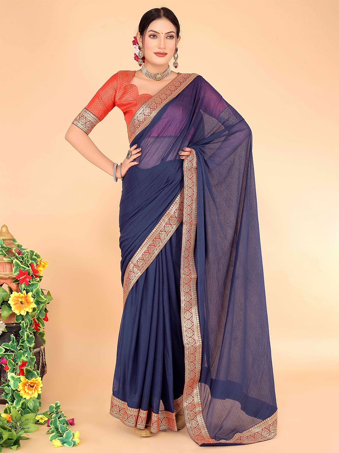 

SAADHVI Zari Art Silk Saree, Navy blue