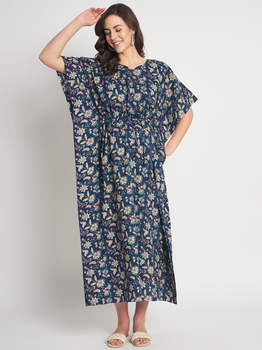 

Aujjessa Floral Print Flared Sleeve Maternity Feeding Kaftan A-Line Midi Dress, Blue