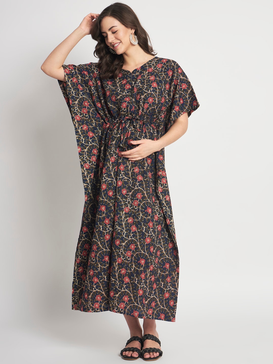 

Aujjessa Floral Print Flared Sleeve Maternity Feeding Kaftan Midi Dress, Navy blue