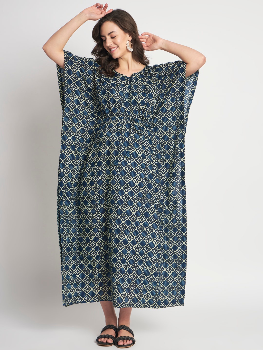 

Aujjessa Ethnic Motifs Printed Maternity & Feeding Kaftan Midi Dress, Blue
