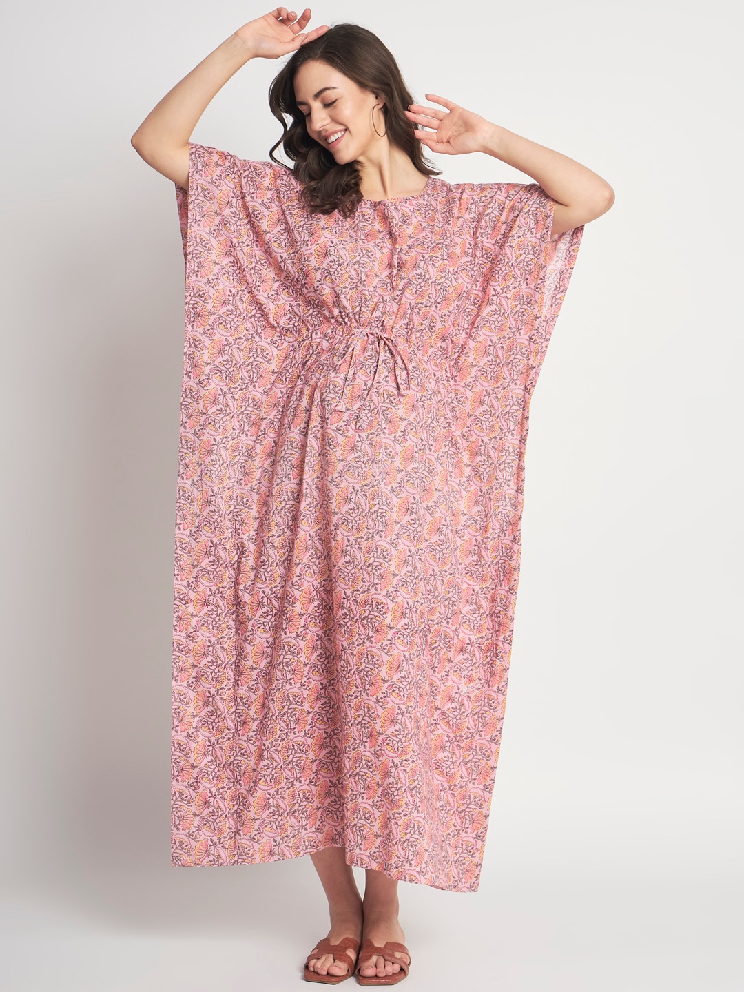 

Aujjessa Floral Print Kimono Sleeve Maternity & Feeding Kaftan Midi Dress, Pink