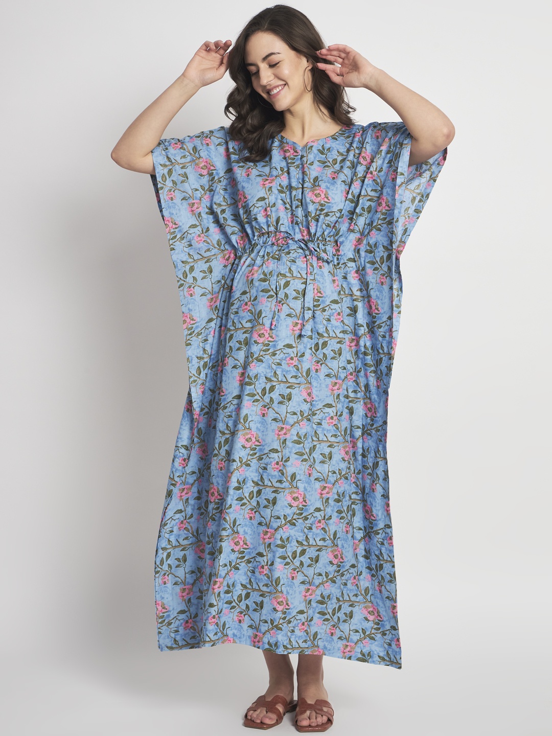 

Aujjessa Floral Print Maternity & Feeding Midi Kaftan Dress, Blue