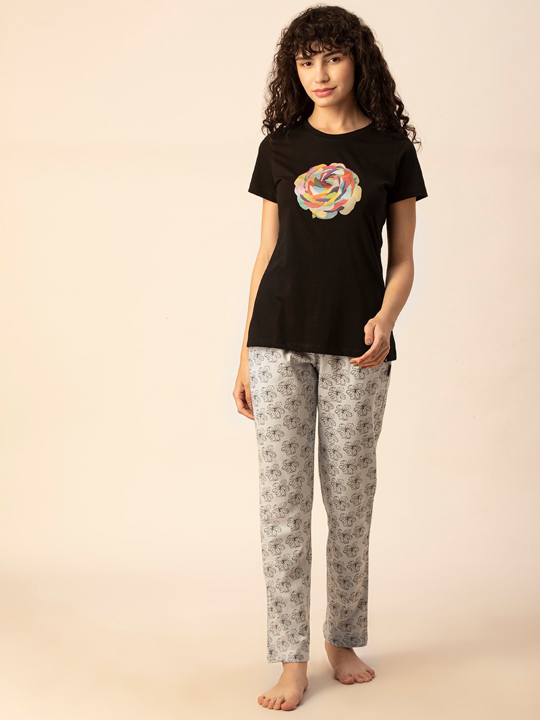 

TITTLI Floral Printed Pure Cotton Night suit, Black