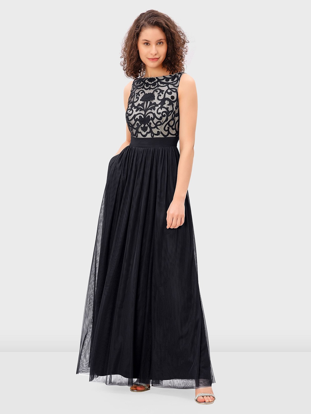 

Zapelle Embroidered Boat Neck Net Maxi Dress, Black